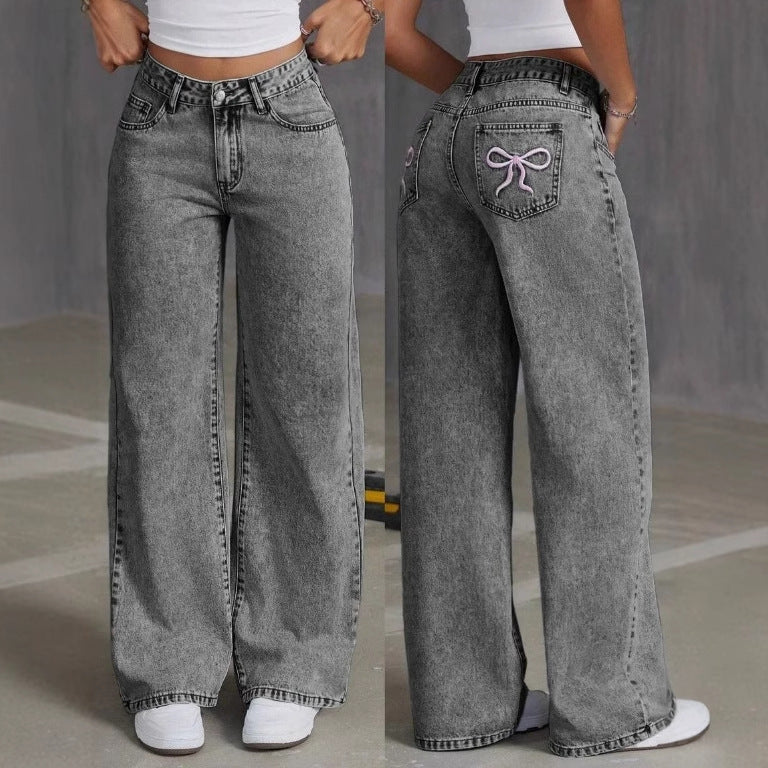 Vintage Bow Embroidered Washed Jeans